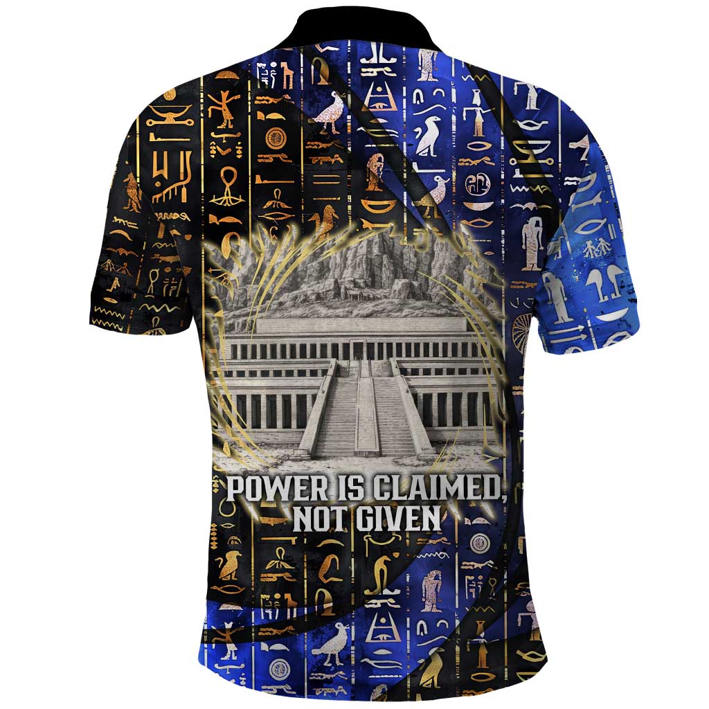 Hatshepsut Polo Shirt with Queen King Portrait, Temple Illustration and Blue-Gold Hieroglyphic - Wonder Print Shop