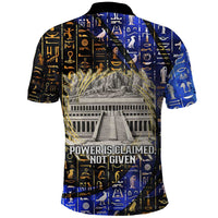 Hatshepsut Polo Shirt with Queen King Portrait, Temple Illustration and Blue-Gold Hieroglyphic - Wonder Print Shop