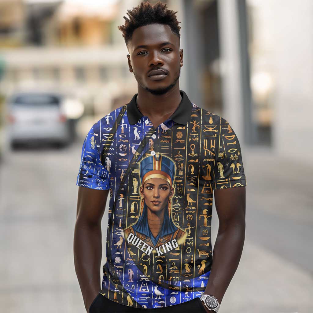 Hatshepsut Polo Shirt with Queen King Portrait, Temple Illustration and Blue-Gold Hieroglyphic - Wonder Print Shop
