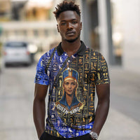 Hatshepsut Polo Shirt with Queen King Portrait, Temple Illustration and Blue-Gold Hieroglyphic - Wonder Print Shop