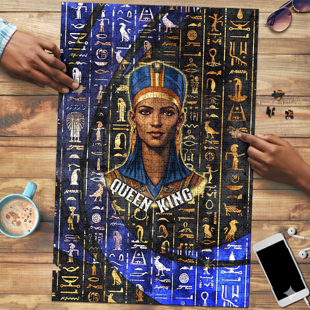 Hatshepsut Puzzle with Queen King Portrait, Temple Illustration and Blue-Gold Hieroglyphic - Wonder Print Shop