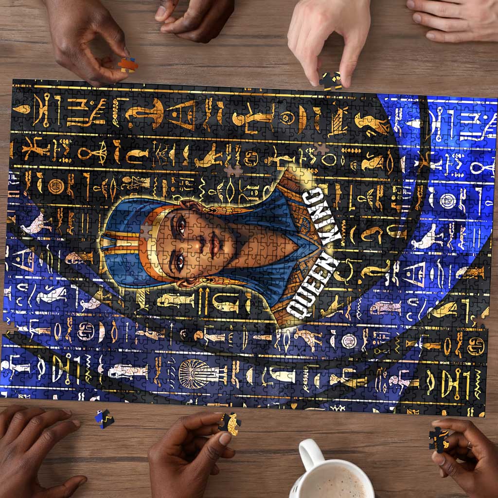 Hatshepsut Puzzle with Queen King Portrait, Temple Illustration and Blue-Gold Hieroglyphic - Wonder Print Shop