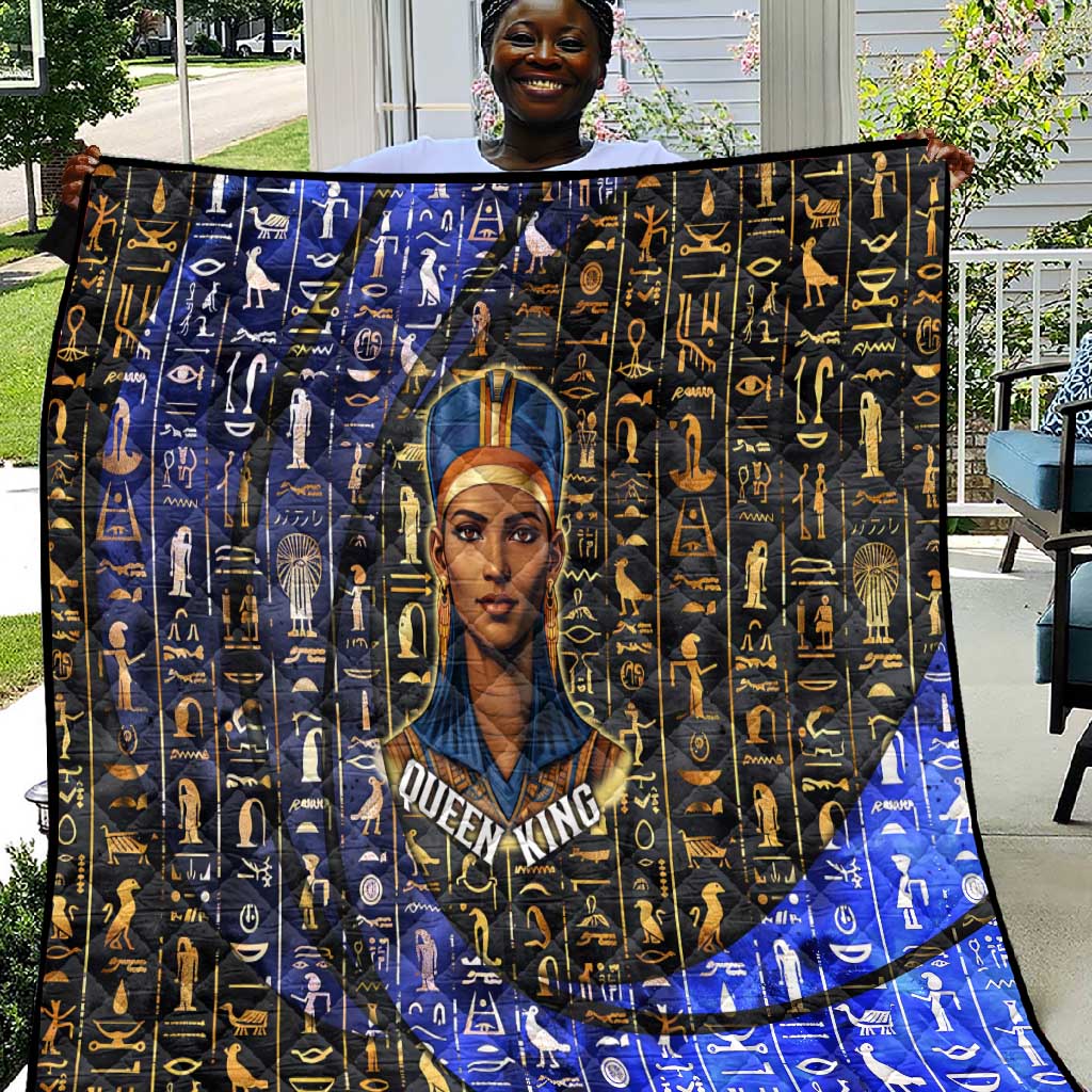 Hatshepsut Quilt with Queen King Portrait, Temple Illustration and Blue-Gold Hieroglyphic - Wonder Print Shop