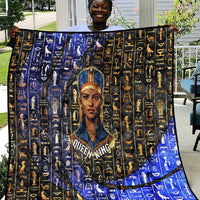 Hatshepsut Quilt with Queen King Portrait, Temple Illustration and Blue-Gold Hieroglyphic - Wonder Print Shop