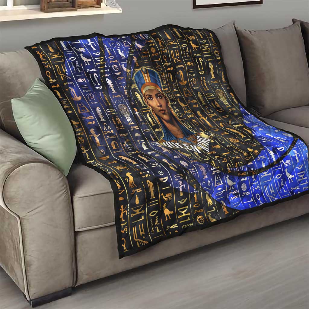 Hatshepsut Quilt with Queen King Portrait, Temple Illustration and Blue-Gold Hieroglyphic - Wonder Print Shop