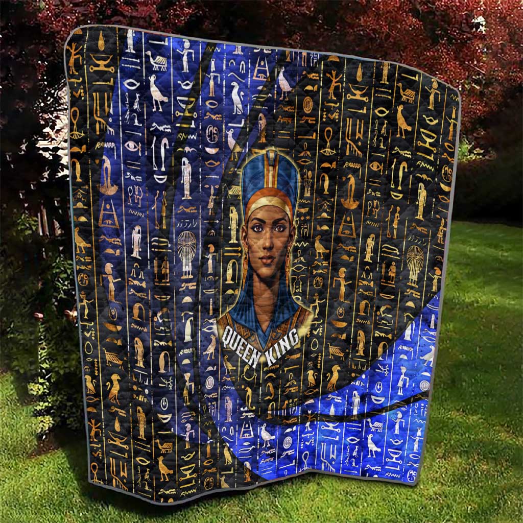 Hatshepsut Quilt with Queen King Portrait, Temple Illustration and Blue-Gold Hieroglyphic - Wonder Print Shop