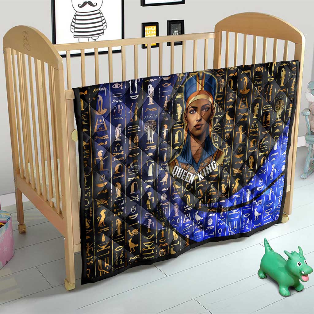 Hatshepsut Quilt with Queen King Portrait, Temple Illustration and Blue-Gold Hieroglyphic - Wonder Print Shop