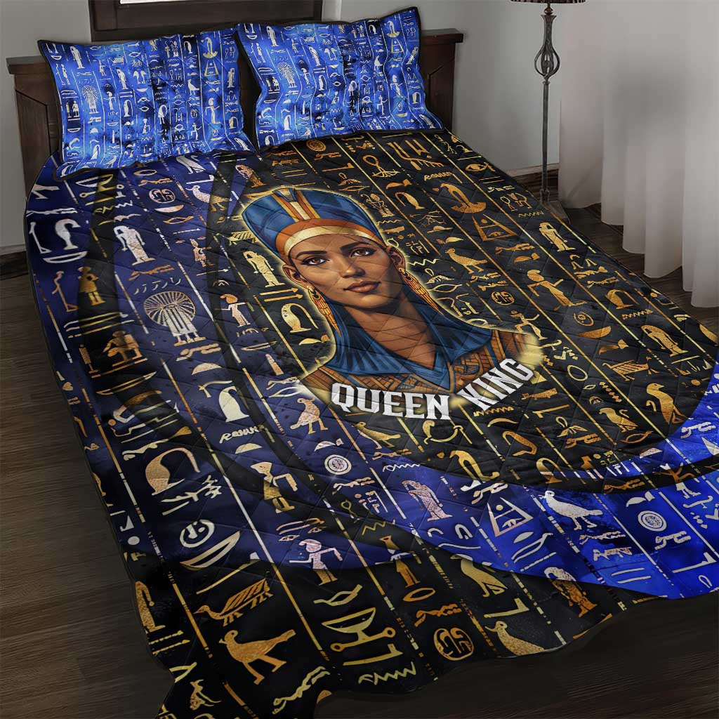 Hatshepsut Quilt Bed Set with Queen King Portrait, Temple Illustration and Blue-Gold Hieroglyphic - Wonder Print Shop