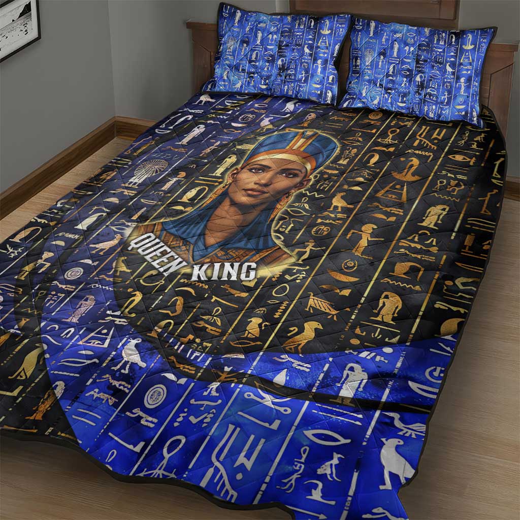 Hatshepsut Quilt Bed Set with Queen King Portrait, Temple Illustration and Blue-Gold Hieroglyphic - Wonder Print Shop
