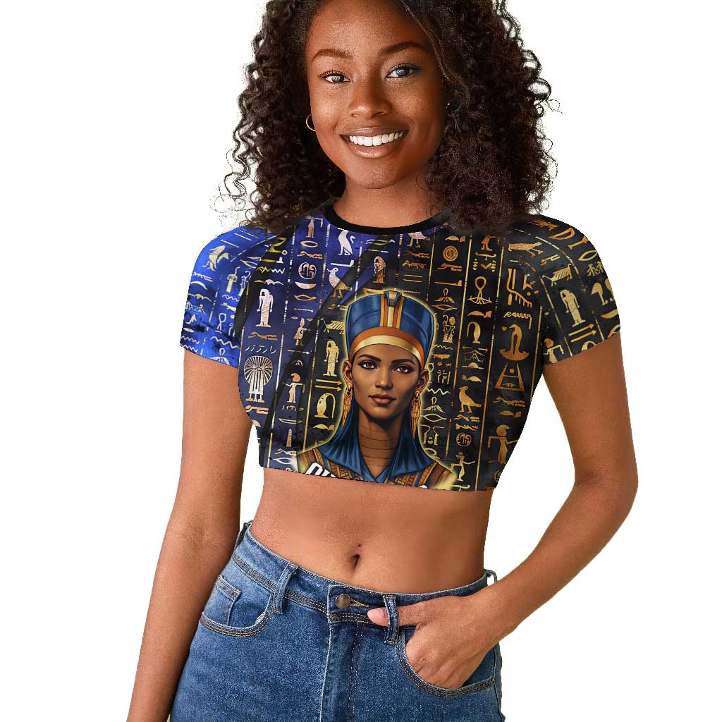 Hatshepsut Raglan Cropped T shirt with Queen King Portrait, Temple Illustration and Blue-Gold Hieroglyphic - Wonder Print Shop