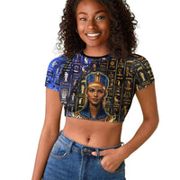Hatshepsut Raglan Cropped T shirt with Queen King Portrait, Temple Illustration and Blue-Gold Hieroglyphic - Wonder Print Shop