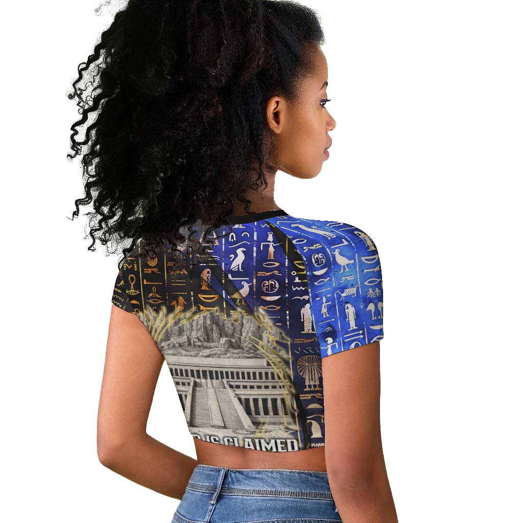 Hatshepsut Raglan Cropped T shirt with Queen King Portrait, Temple Illustration and Blue-Gold Hieroglyphic - Wonder Print Shop