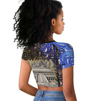 Hatshepsut Raglan Cropped T shirt with Queen King Portrait, Temple Illustration and Blue-Gold Hieroglyphic - Wonder Print Shop