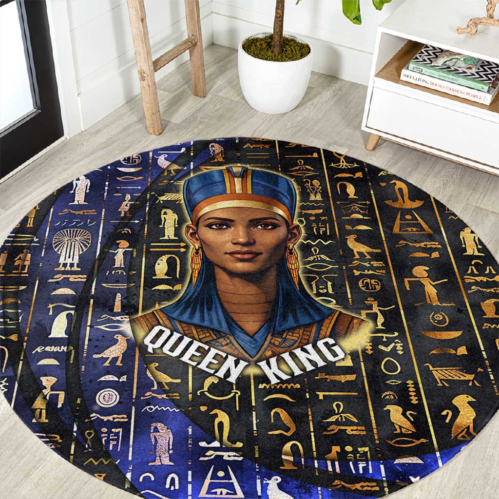 Hatshepsut Round Carpet with Queen King Portrait, Temple Illustration and Blue-Gold Hieroglyphic - Wonder Print Shop
