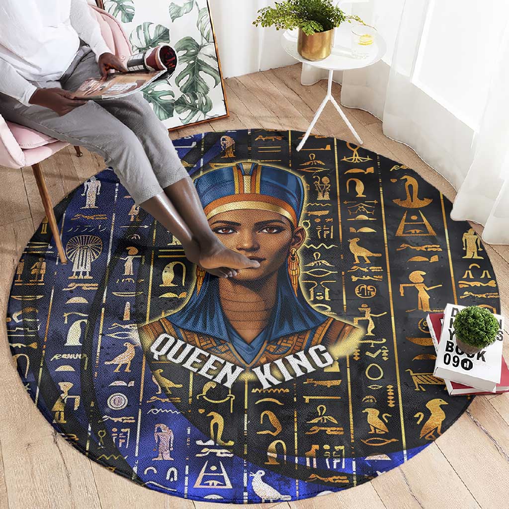 Hatshepsut Round Carpet with Queen King Portrait, Temple Illustration and Blue-Gold Hieroglyphic - Wonder Print Shop