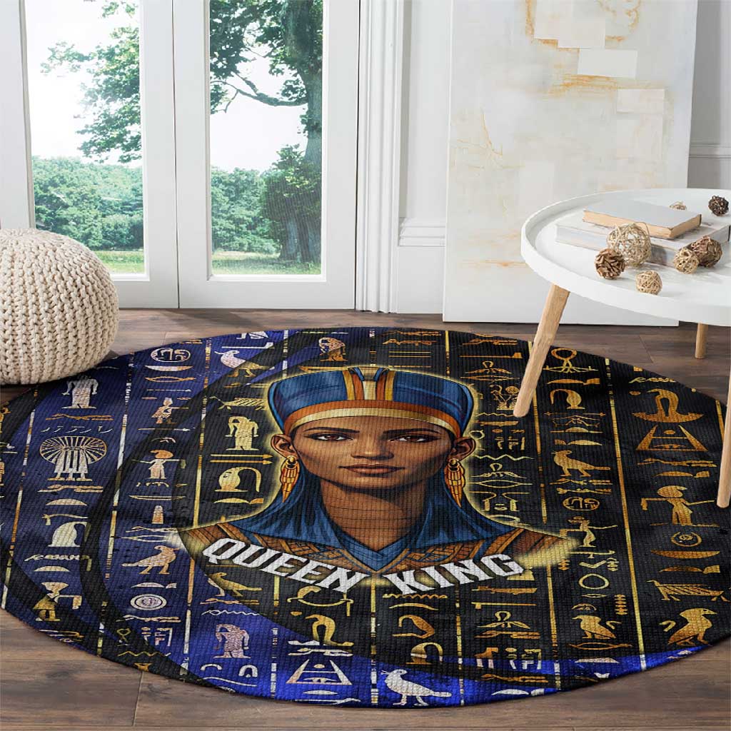 Hatshepsut Round Carpet with Queen King Portrait, Temple Illustration and Blue-Gold Hieroglyphic - Wonder Print Shop