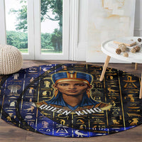 Hatshepsut Round Carpet with Queen King Portrait, Temple Illustration and Blue-Gold Hieroglyphic - Wonder Print Shop
