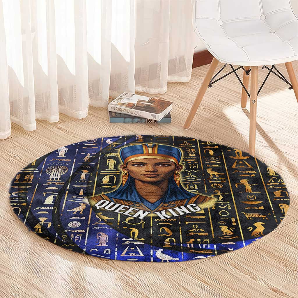 Hatshepsut Round Carpet with Queen King Portrait, Temple Illustration and Blue-Gold Hieroglyphic - Wonder Print Shop