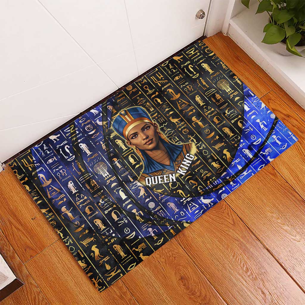 Hatshepsut Rubber Doormat with Queen King Portrait, Temple Illustration and Blue-Gold Hieroglyphic - Wonder Print Shop