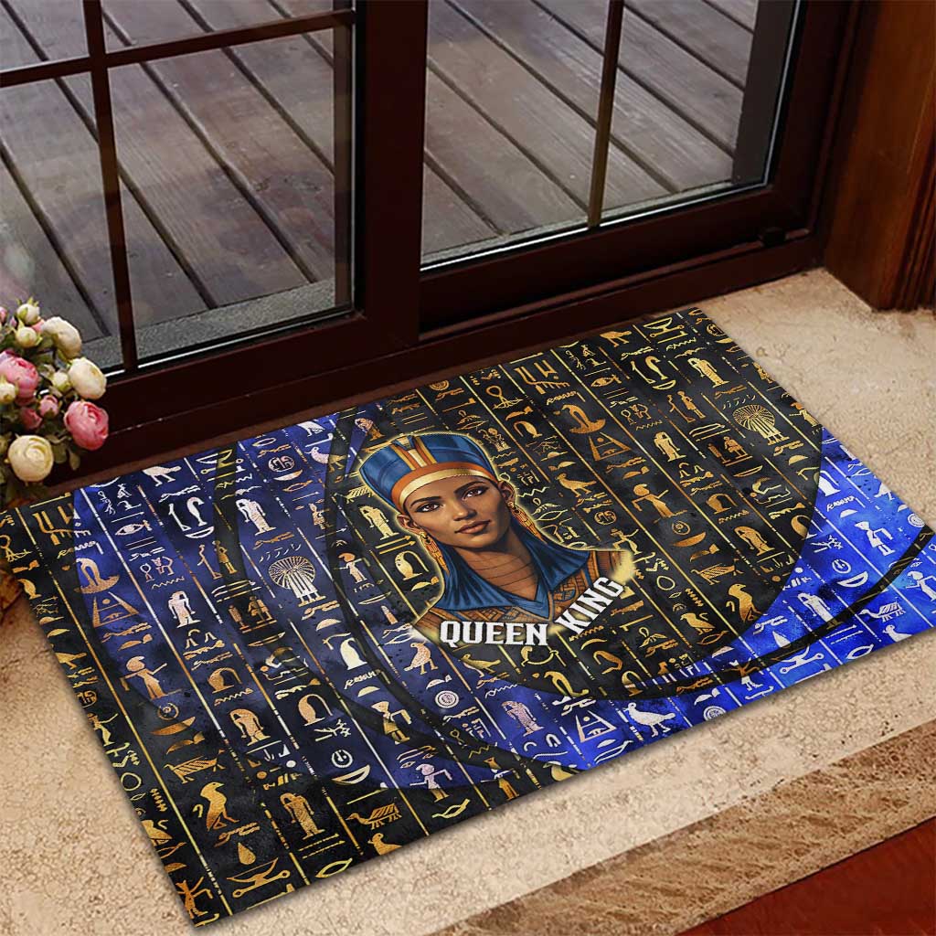 Hatshepsut Rubber Doormat with Queen King Portrait, Temple Illustration and Blue-Gold Hieroglyphic - Wonder Print Shop