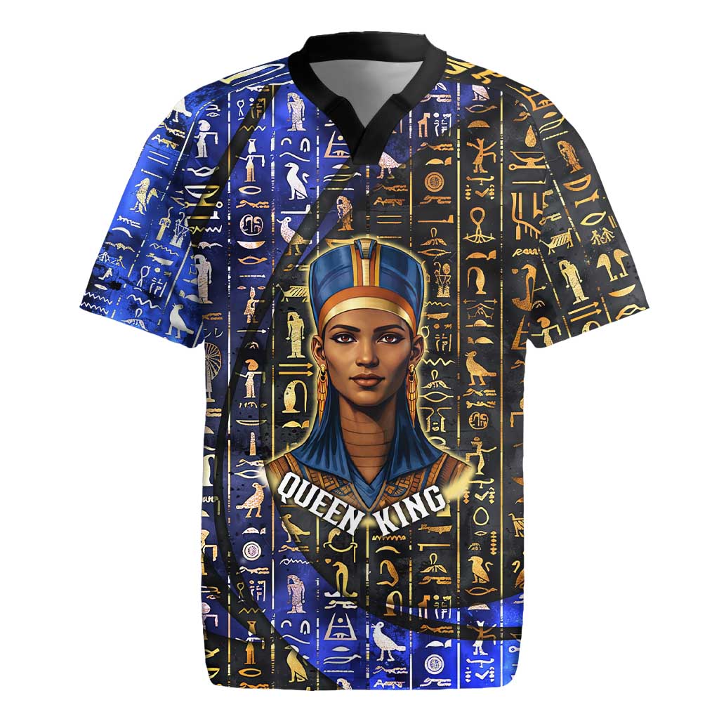 Hatshepsut Rugby Jersey with Queen King Portrait, Temple Illustration and Blue-Gold Hieroglyphic - Wonder Print Shop