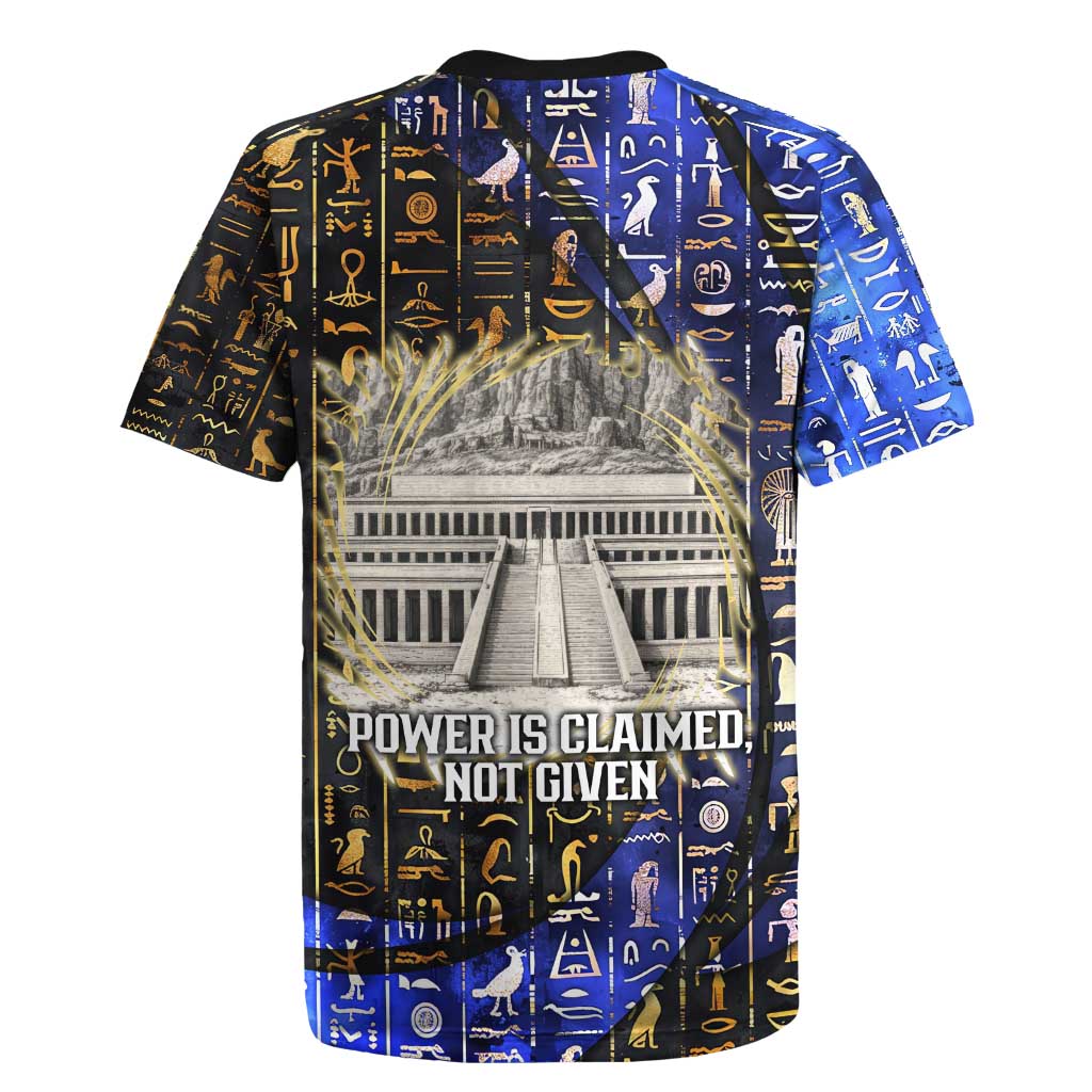 Hatshepsut Rugby Jersey with Queen King Portrait, Temple Illustration and Blue-Gold Hieroglyphic - Wonder Print Shop