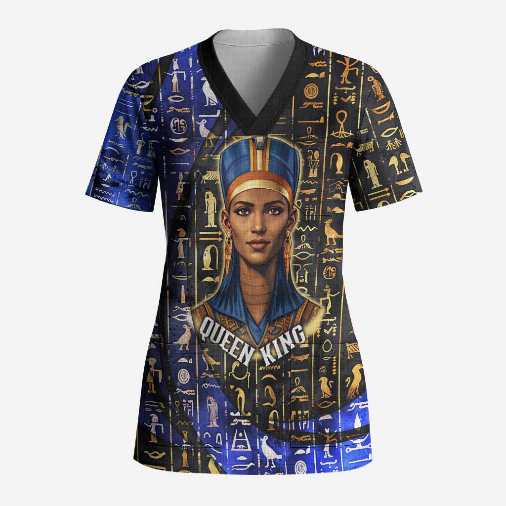Hatshepsut Scrub Top with Queen King Portrait, Temple Illustration and Blue-Gold Hieroglyphic - Wonder Print Shop