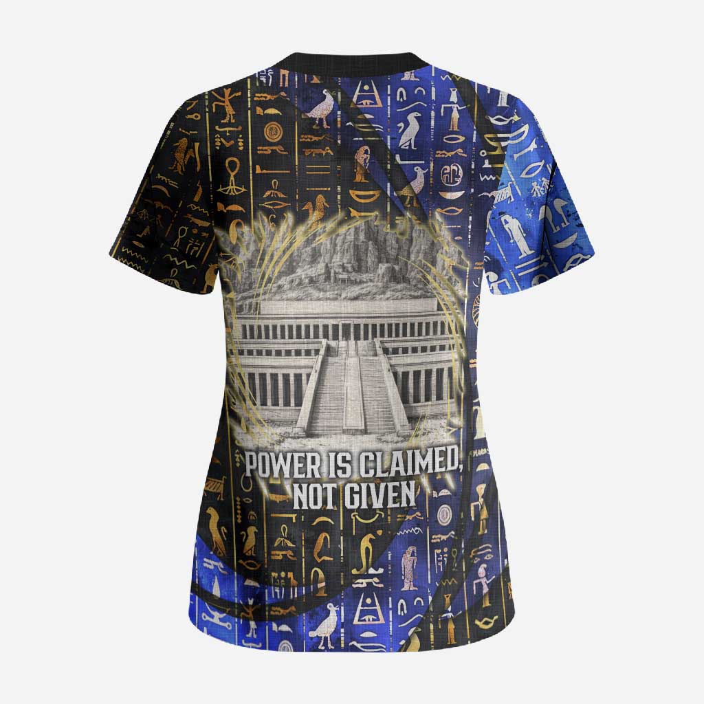 Hatshepsut Scrub Top with Queen King Portrait, Temple Illustration and Blue-Gold Hieroglyphic - Wonder Print Shop