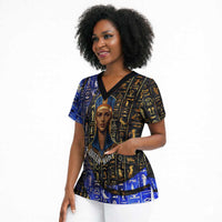 Hatshepsut Scrub Top with Queen King Portrait, Temple Illustration and Blue-Gold Hieroglyphic - Wonder Print Shop