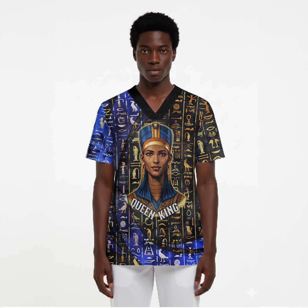 Hatshepsut Scrub Top with Queen King Portrait, Temple Illustration and Blue-Gold Hieroglyphic - Wonder Print Shop