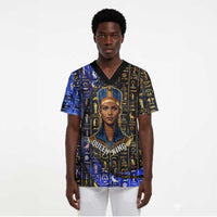Hatshepsut Scrub Top with Queen King Portrait, Temple Illustration and Blue-Gold Hieroglyphic - Wonder Print Shop