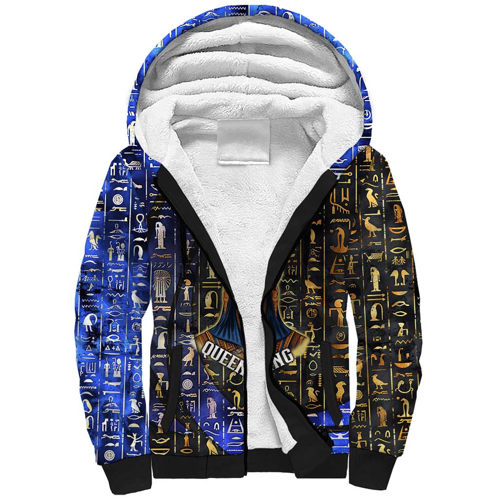 Hatshepsut Sherpa Hoodie with Queen King Portrait, Temple Illustration and Blue-Gold Hieroglyphic - Wonder Print Shop