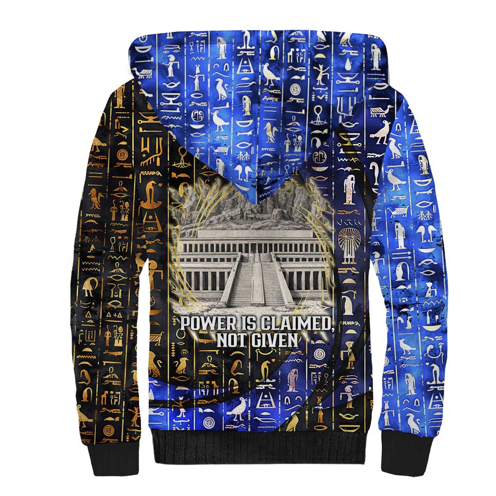 Hatshepsut Sherpa Hoodie with Queen King Portrait, Temple Illustration and Blue-Gold Hieroglyphic - Wonder Print Shop