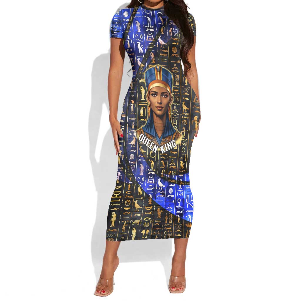Hatshepsut Short Sleeve Bodycon Dress with Queen King Portrait, Temple Illustration and Blue-Gold Hieroglyphic - Wonder Print Shop
