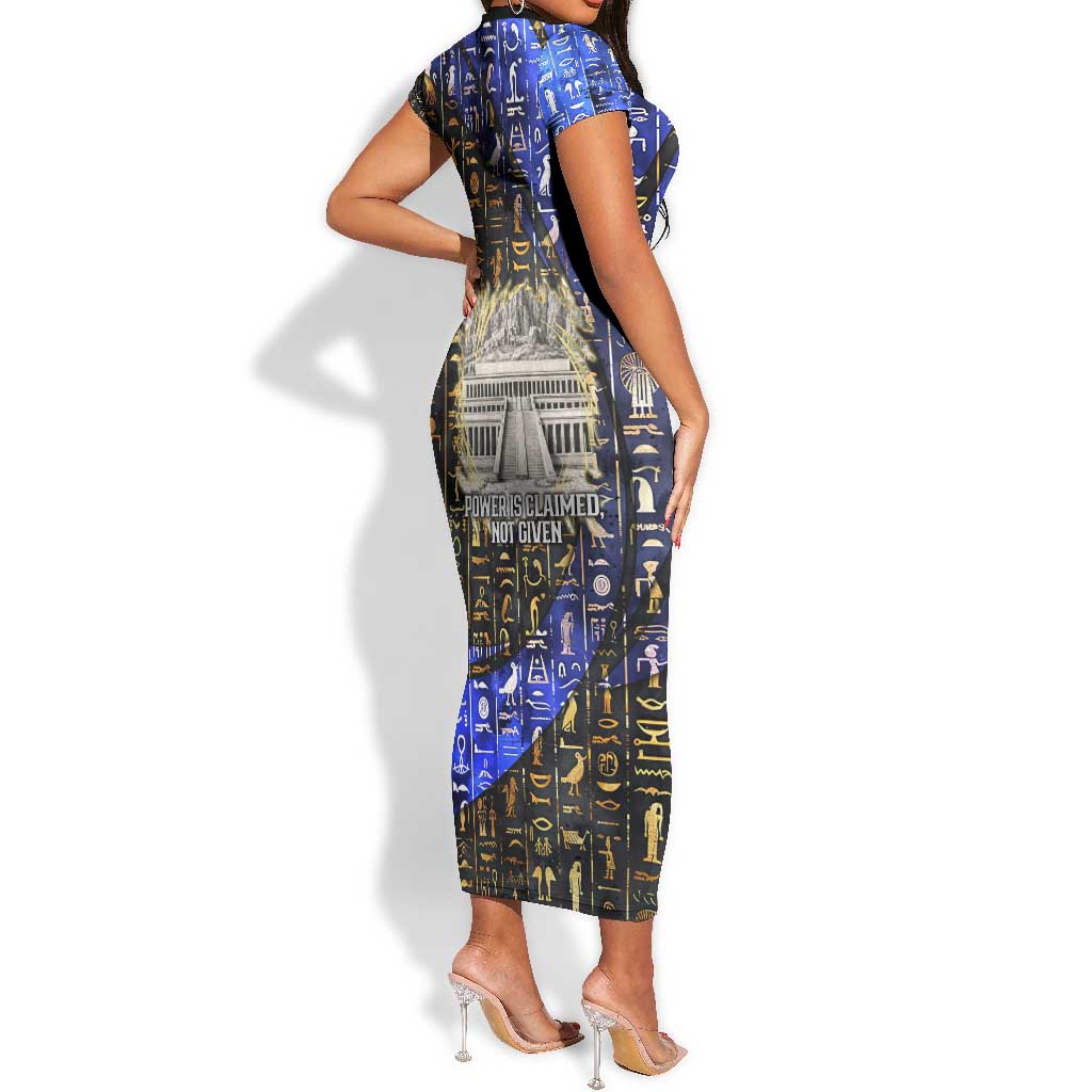 Hatshepsut Short Sleeve Bodycon Dress with Queen King Portrait, Temple Illustration and Blue-Gold Hieroglyphic - Wonder Print Shop