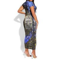 Hatshepsut Short Sleeve Bodycon Dress with Queen King Portrait, Temple Illustration and Blue-Gold Hieroglyphic - Wonder Print Shop