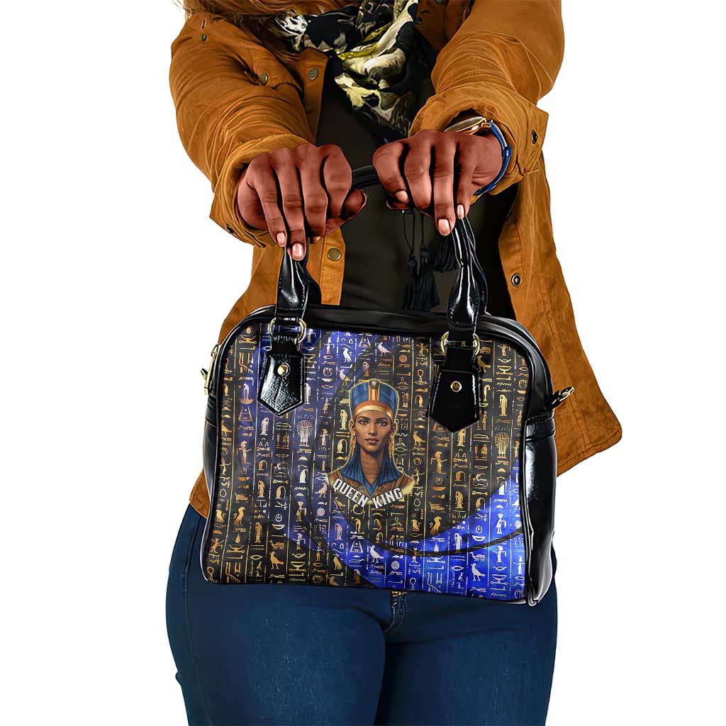 Hatshepsut Shoulder Handbag with Queen King Portrait, Temple Illustration and Blue-Gold Hieroglyphic - Wonder Print Shop