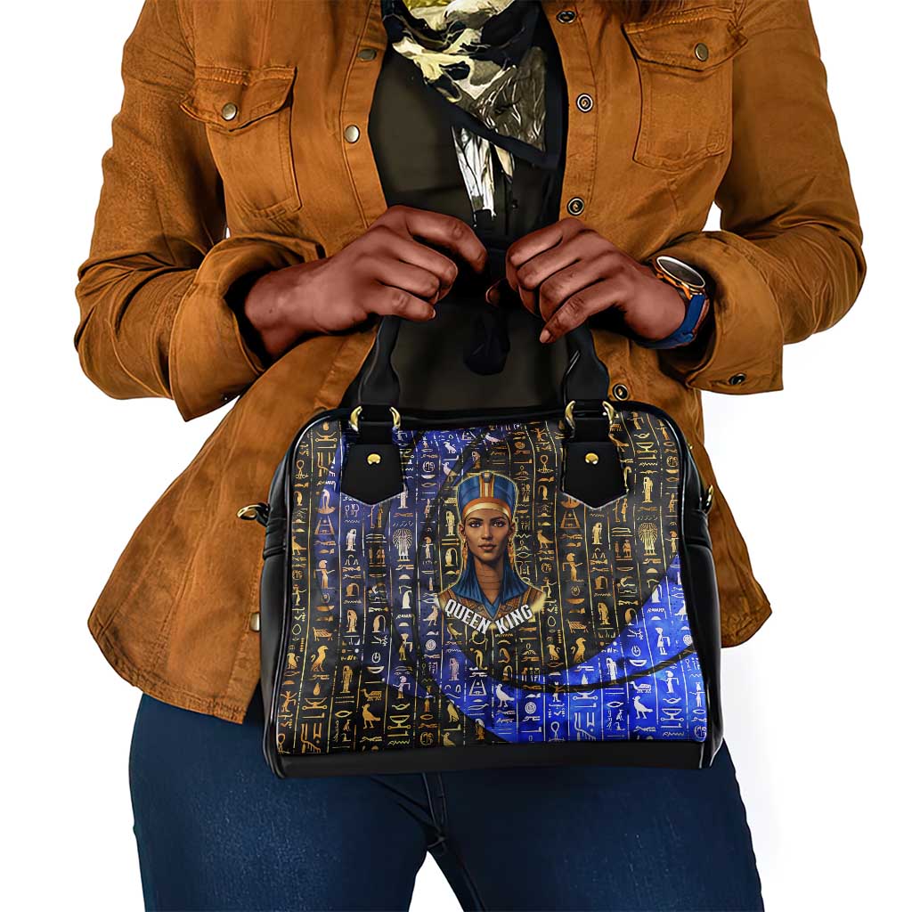 Hatshepsut Shoulder Handbag with Queen King Portrait, Temple Illustration and Blue-Gold Hieroglyphic - Wonder Print Shop