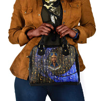 Hatshepsut Shoulder Handbag with Queen King Portrait, Temple Illustration and Blue-Gold Hieroglyphic - Wonder Print Shop