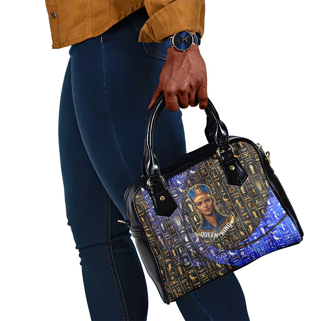 Hatshepsut Shoulder Handbag with Queen King Portrait, Temple Illustration and Blue-Gold Hieroglyphic - Wonder Print Shop
