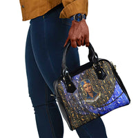 Hatshepsut Shoulder Handbag with Queen King Portrait, Temple Illustration and Blue-Gold Hieroglyphic - Wonder Print Shop