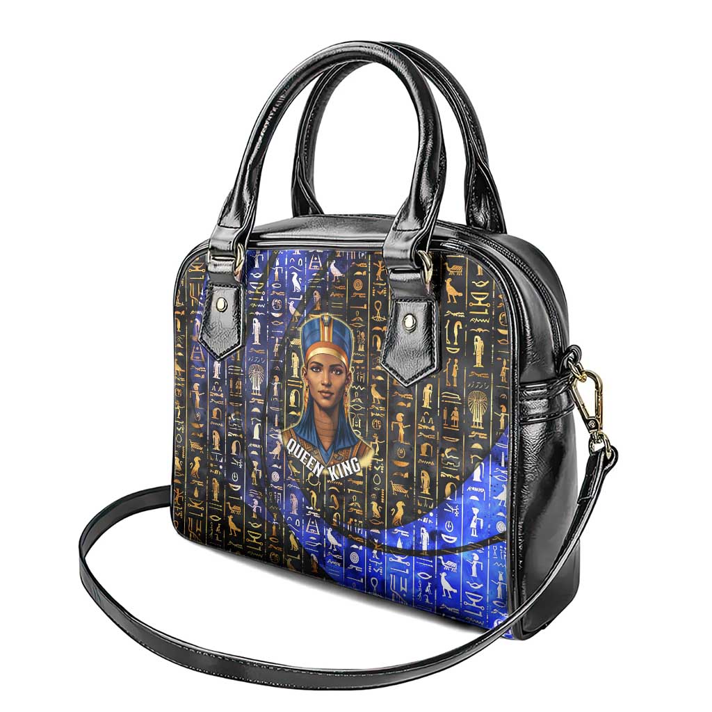 Hatshepsut Shoulder Handbag with Queen King Portrait, Temple Illustration and Blue-Gold Hieroglyphic - Wonder Print Shop