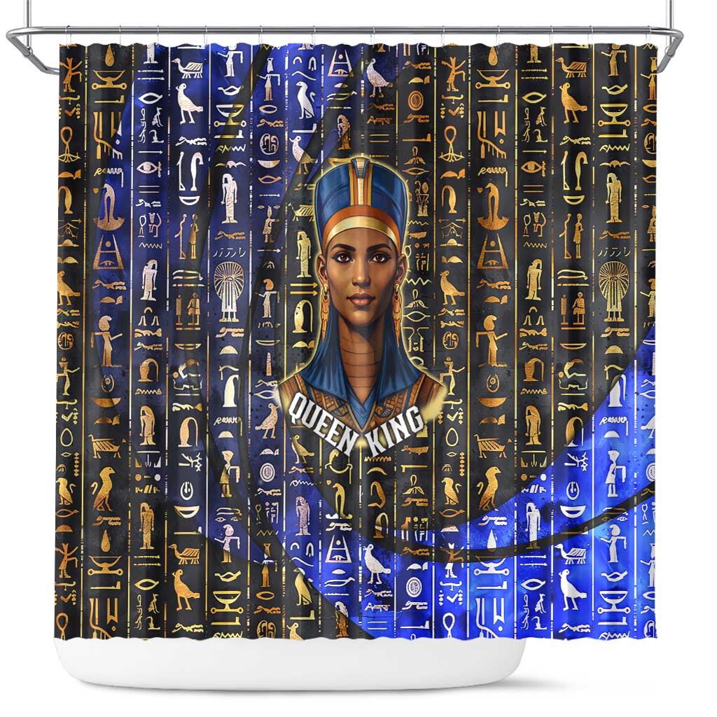 Hatshepsut Shower Curtain with Queen King Portrait, Temple Illustration and Blue-Gold Hieroglyphic - Wonder Print Shop