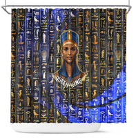 Hatshepsut Shower Curtain with Queen King Portrait, Temple Illustration and Blue-Gold Hieroglyphic - Wonder Print Shop