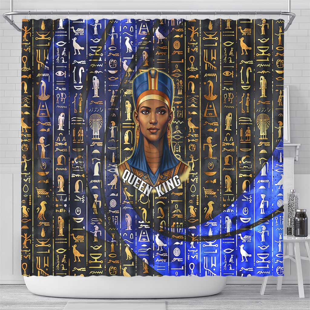 Hatshepsut Shower Curtain with Queen King Portrait, Temple Illustration and Blue-Gold Hieroglyphic - Wonder Print Shop