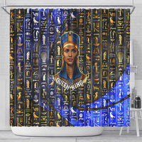 Hatshepsut Shower Curtain with Queen King Portrait, Temple Illustration and Blue-Gold Hieroglyphic - Wonder Print Shop