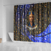 Hatshepsut Shower Curtain with Queen King Portrait, Temple Illustration and Blue-Gold Hieroglyphic - Wonder Print Shop