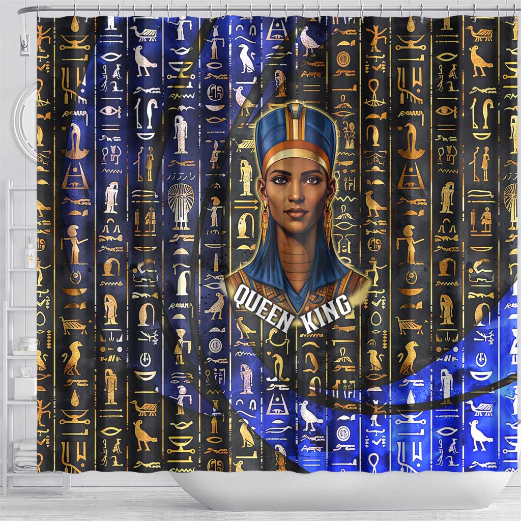 Hatshepsut Shower Curtain with Queen King Portrait, Temple Illustration and Blue-Gold Hieroglyphic - Wonder Print Shop