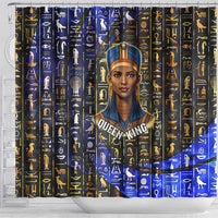 Hatshepsut Shower Curtain with Queen King Portrait, Temple Illustration and Blue-Gold Hieroglyphic - Wonder Print Shop