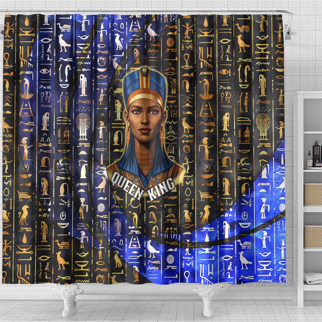 Hatshepsut Shower Curtain with Queen King Portrait, Temple Illustration and Blue-Gold Hieroglyphic - Wonder Print Shop